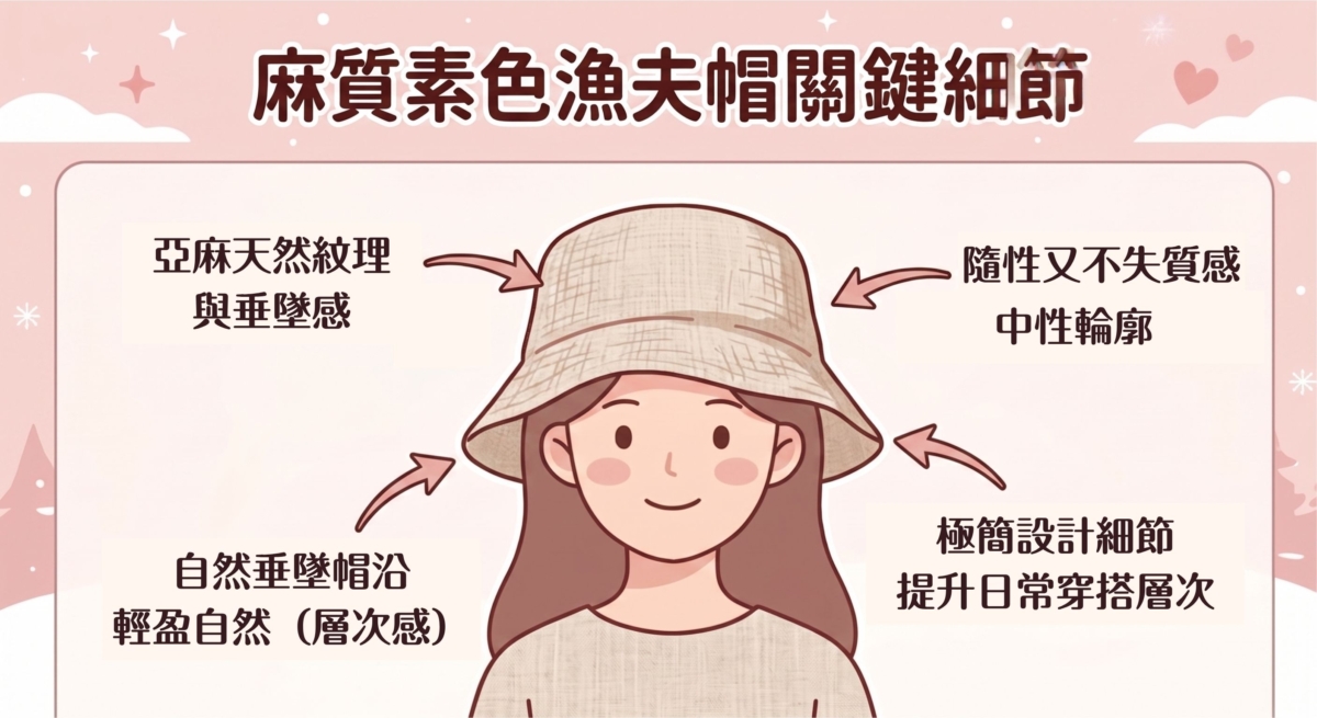 亞麻材質特有的自然垂墜感，賦予帽型隨性又不失質感的輪廓，這款漁夫帽非常適合中性風格的女生。