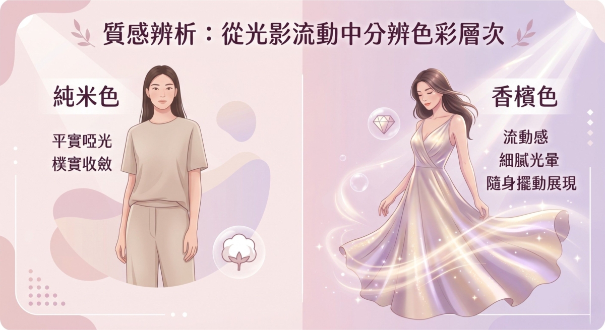 一張對比「純米色」與「香檳色」質地差異的圖表。左側展示米色的樸實啞光感，右側展示香檳色的流動光澤與華麗感。