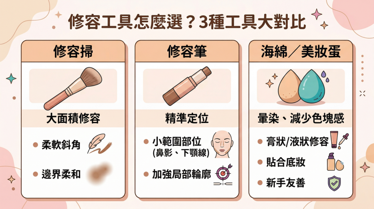 修容工具挑選指南資訊圖：對比修容掃、修容筆與美妝蛋的適用部位（鼻影、顴骨、下顎線）與功能優勢，教你如何根據妝容需求選擇正確的修容工具。