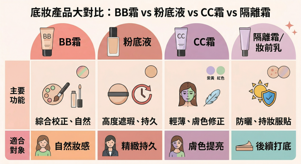 BB霜、粉底液、CC霜與隔離霜功能比較圖，分析遮瑕度、校色功能與適用妝感差異。
