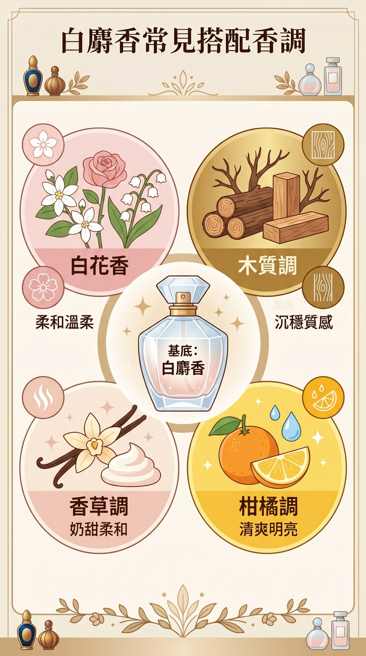 白麝香常見配方搭配圖表，包含白花香、木質調、香草調與柑橘調的香氣風格變化與代表性成分說明。