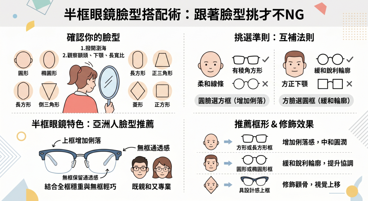 這是一張「半框眼鏡臉型搭配術」資訊圖表，教導使用者如何根據圓形、方形、菱形等不同臉型，運用「互補法則」挑選合適的半框眼鏡，以達到修飾輪廓、增加俐落感或緩和銳利線條的效果。