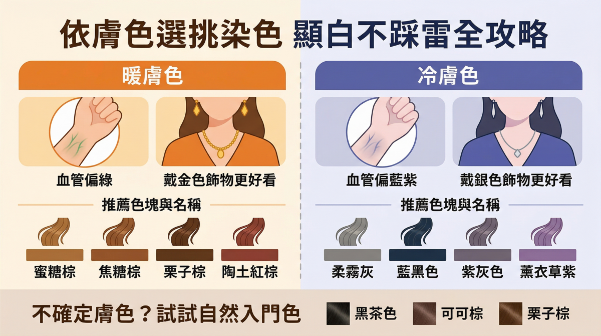 黑髮挑染顯白對照表：根據血管顏色與飾品挑選適合暖膚色（蜜糖棕、焦糖棕）或冷膚色（柔霧灰、藍黑色）的挑染建議。