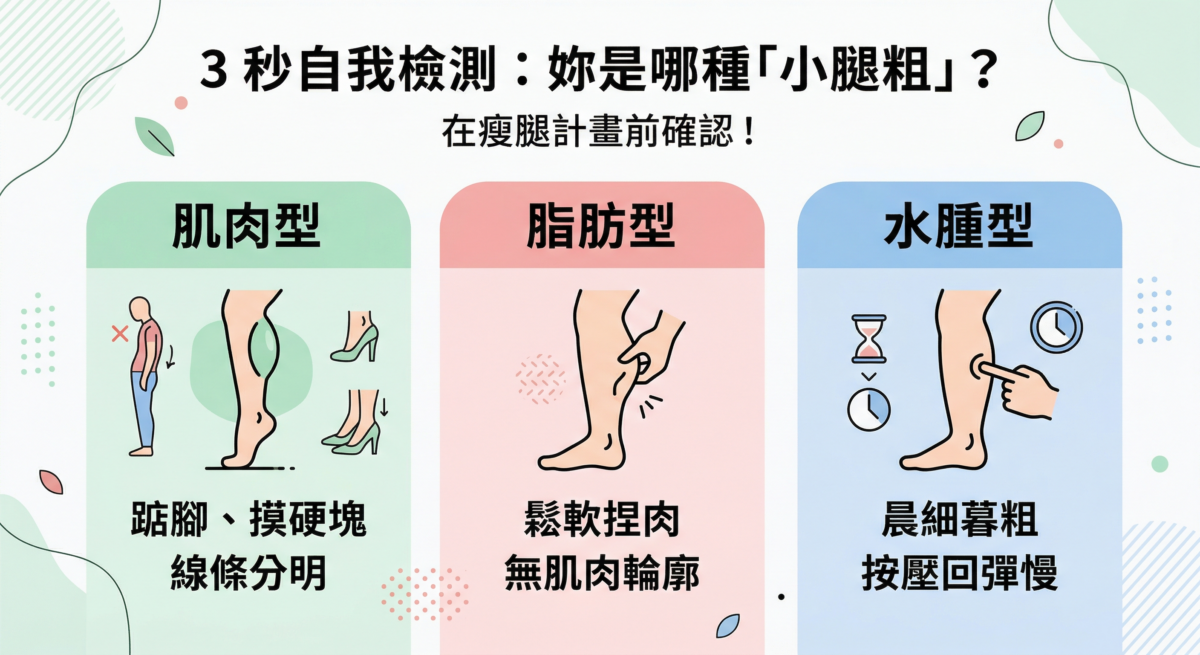 這是一張標題為「3 秒自我檢測：妳是哪種『小腿粗』？」的衛教資訊圖，將小腿類型分為三類：肌肉型（線條分明且有硬塊）、脂肪型（肉質鬆軟無輪廓）及水腫型（晨細暮粗且按壓回彈慢），並分別配上插畫圖解幫助讀者快速判別腿型。