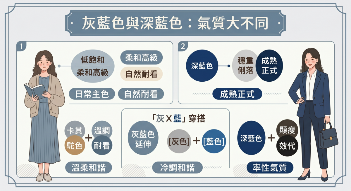 灰藍色與深藍色比較圖：展示灰藍色（低飽和、柔和優雅）與深藍色（穩重、成熟俐落）在視覺特性與穿搭風格上的差異對比。
