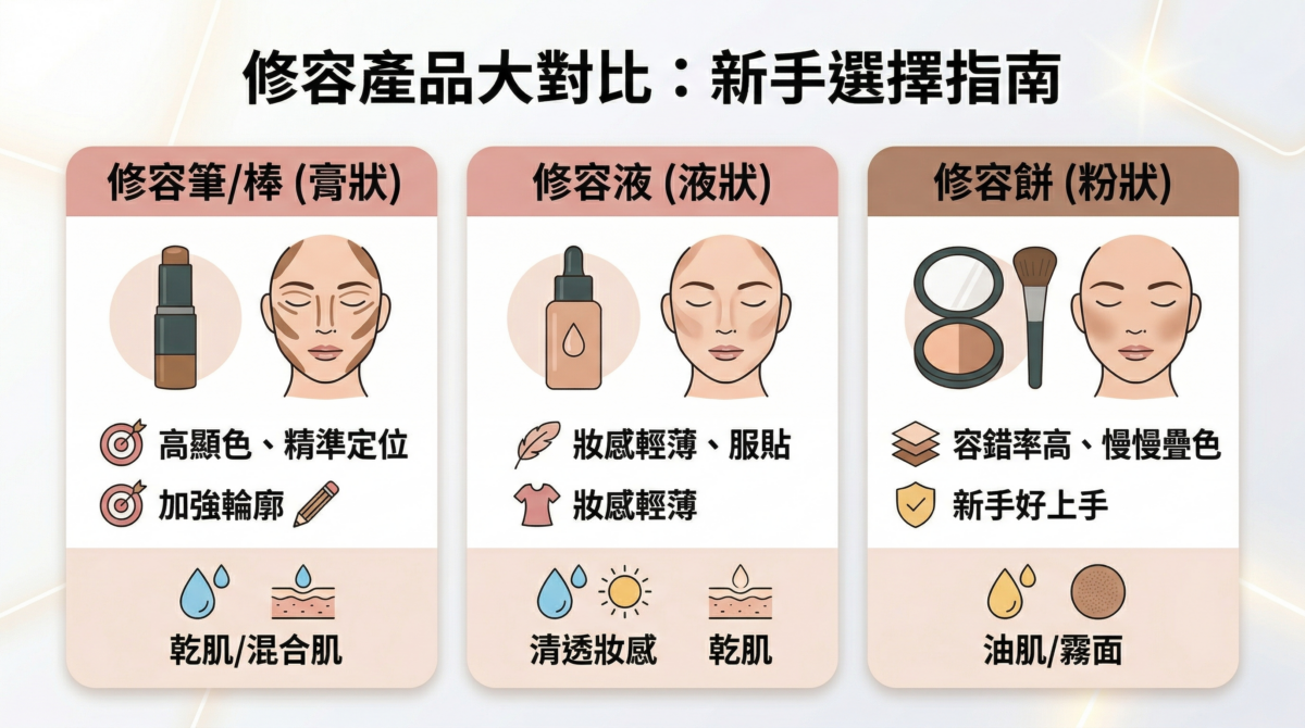 修容產品選擇指南：修容筆、修容液、修容餅的質地對比表，包含不同膚質（乾肌、油肌）與妝感需求（自然、深邃）的推薦建議。
