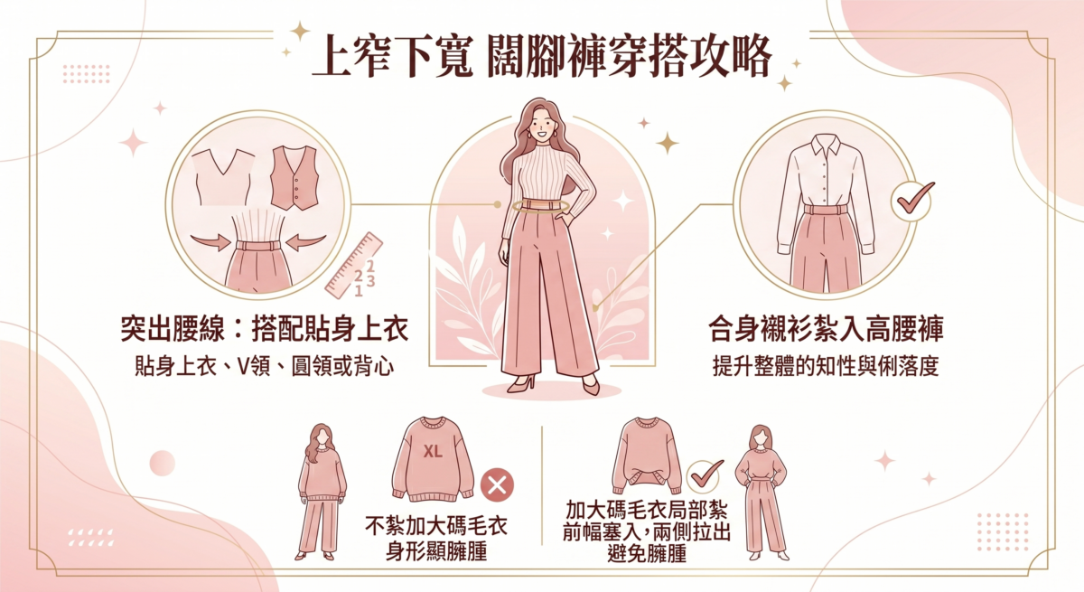 想要駕馭闊腳褲，最經典的穿搭公式就是「上窄下寬」。