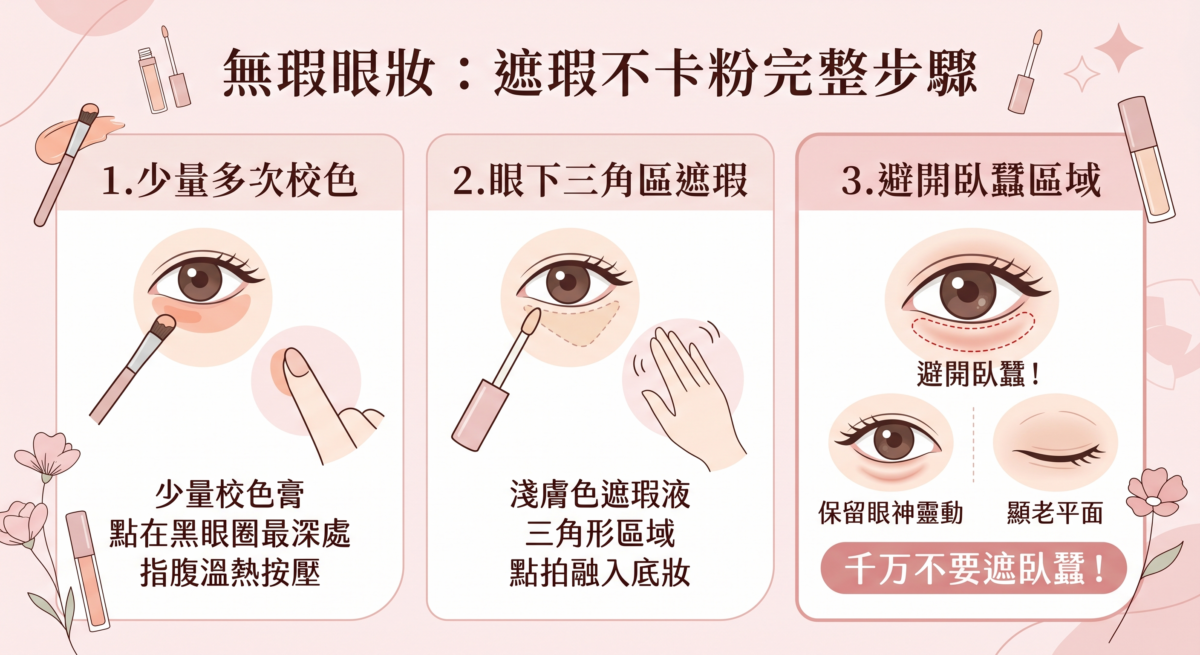 很多人遮瑕後眼下會出現蜘蛛網般的細紋，這通常是手法問題。