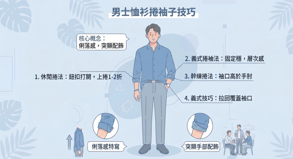想展現俐落感並突顯手部配飾，袖子捲法可將鈕扣打開後向上捲1至2折，呈現休閒自然感
