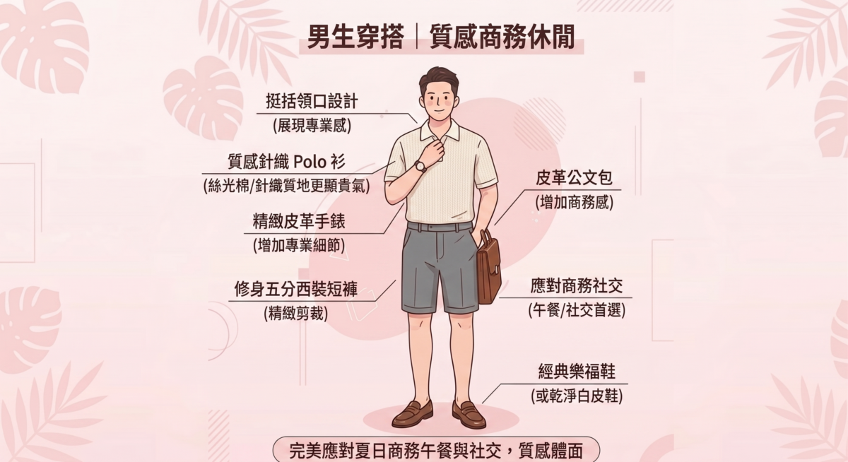 捨棄傳統襯衫，換上絲光棉或針織材質的 Polo 衫。