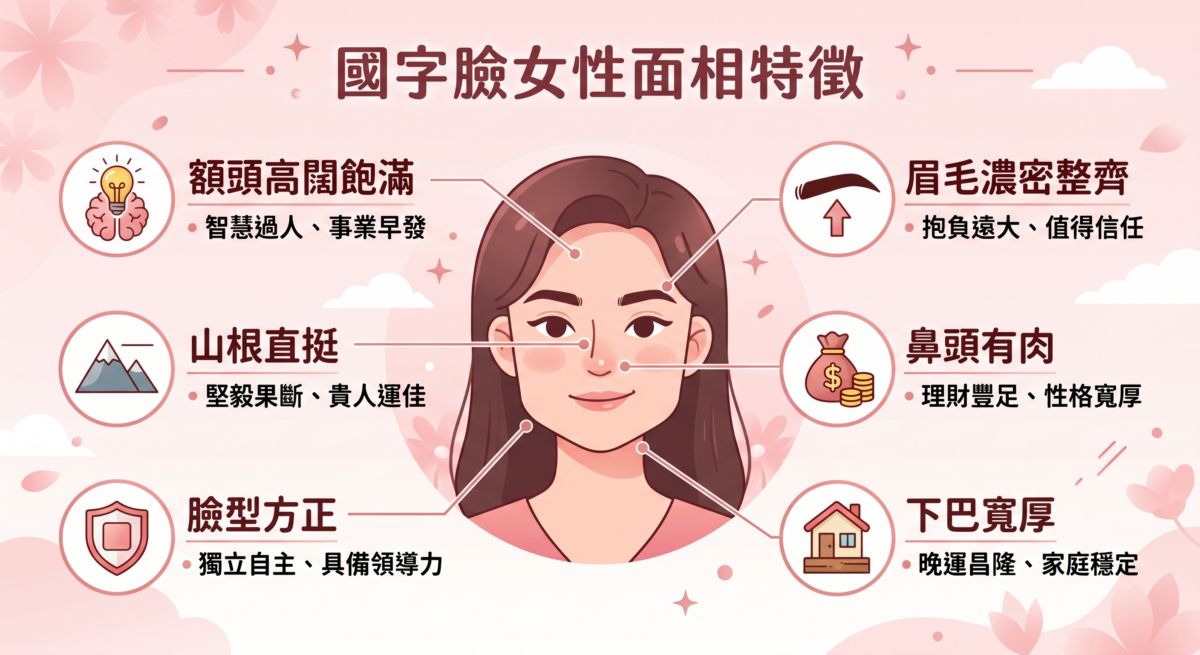 這是一張粉色調的資訊圖表，標題為「國字臉女性面相特徵」。圖片中央是一位留著棕色中長髮的女性插畫。圖片兩側各有三個圓形圖標，分別指向女性臉部的不同部位，並配有文字說明面相特徵及其含義。