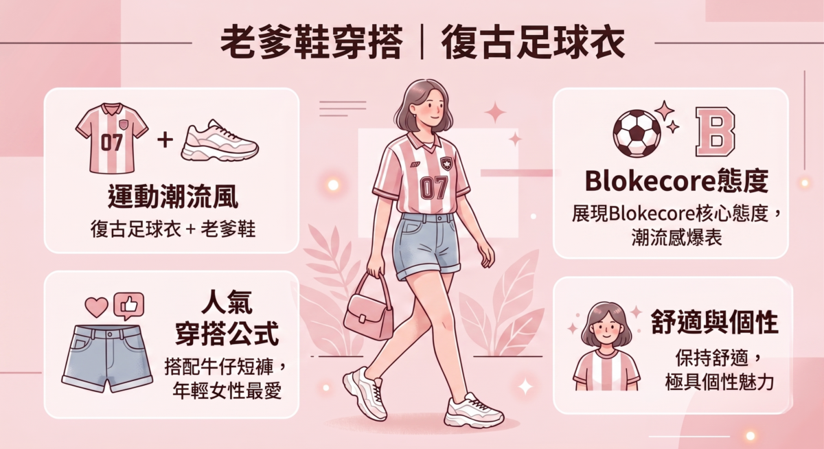 復古足球衣是近年的時尚熱門單品，搭配老爹鞋極具運動潮流味，展現出Blokecore風格的核心態度，潮流感爆表。