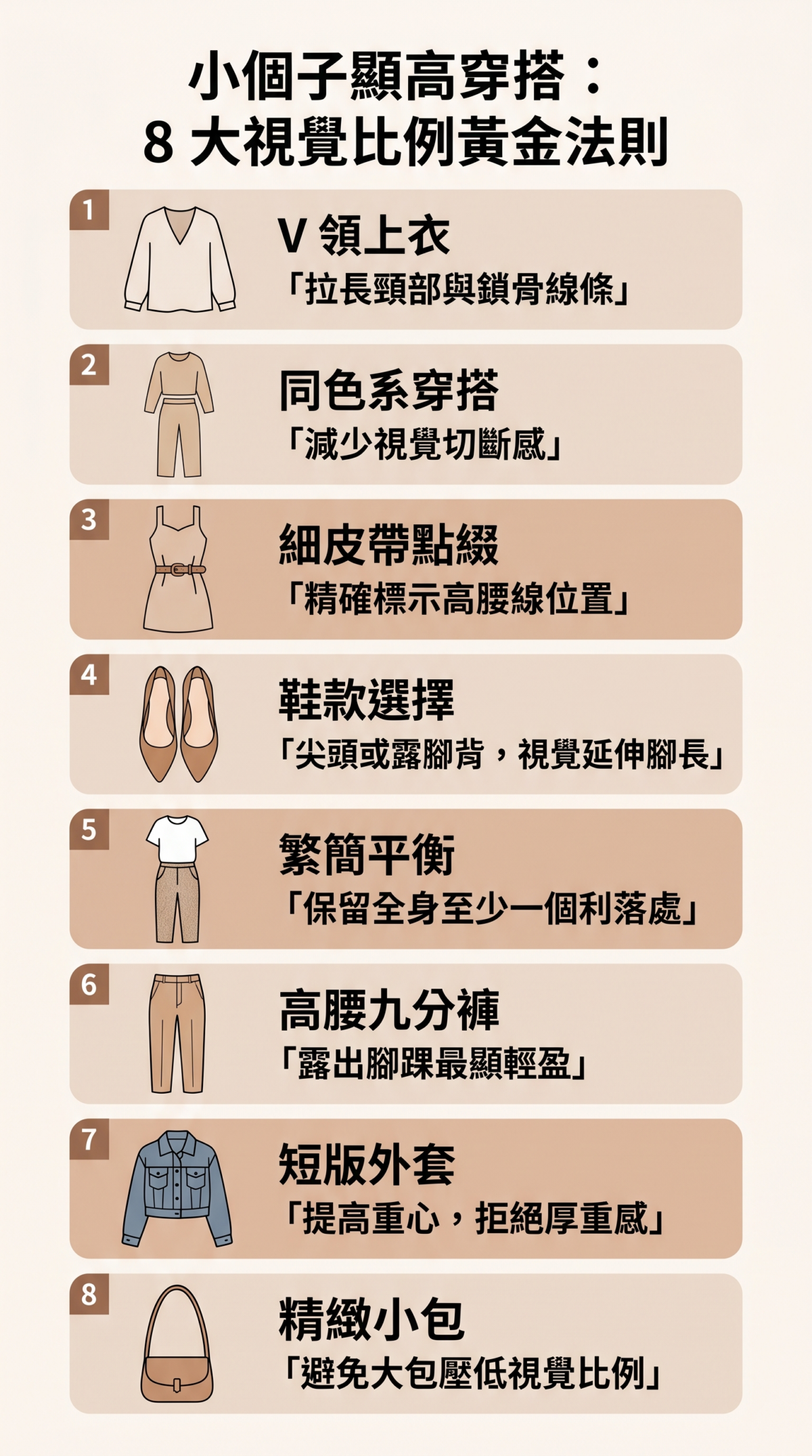 嬌小女生顯高單品推薦資訊圖，圖表總結了短版上衣、高腰牛仔褲、高腰裙、高腰短褲、短裙及長裙等 6 款顯高穿搭技巧，強調拉高腰線與適當裙長的視覺效果。