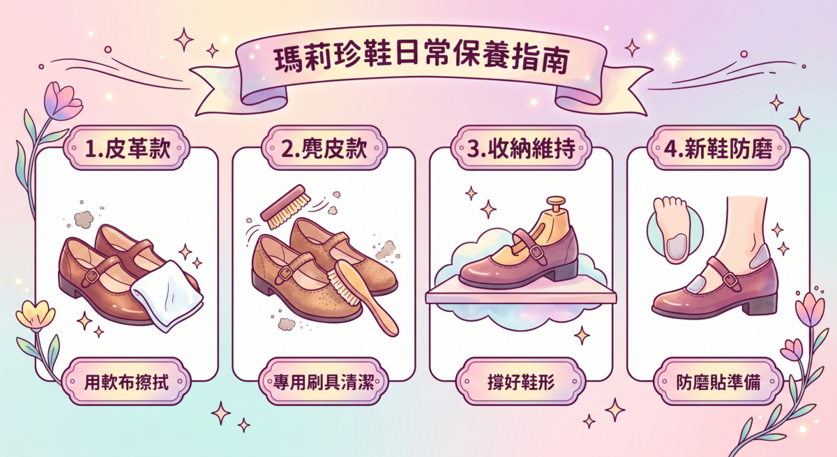 瑪莉珍鞋保養重點資訊圖：包含皮革款使用軟布、麂皮款使用專用刷、收納需撐好鞋形，以及新鞋使用防磨貼的保養技巧。
