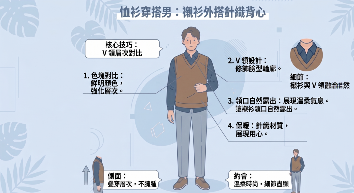 針織背心不僅能增加身體保暖度，還能透過不同顏色與襯衫形成色塊對比，讓層次感倍增。