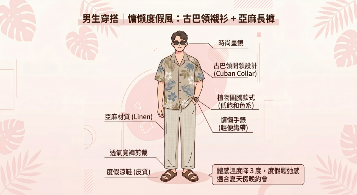 選擇帶有植物圖騰或低飽和色系（如大地色、莫蘭迪色）的款式，下身換上透氣性極佳的亞麻寬褲。