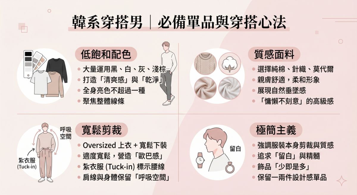 韓系男裝穿搭指南，涵蓋四大重點：低飽和配色、寬鬆剪裁（含紮衣服技巧）、質感面料選擇（如純棉與針織），以及追求「少即是多」的極簡主義心法。