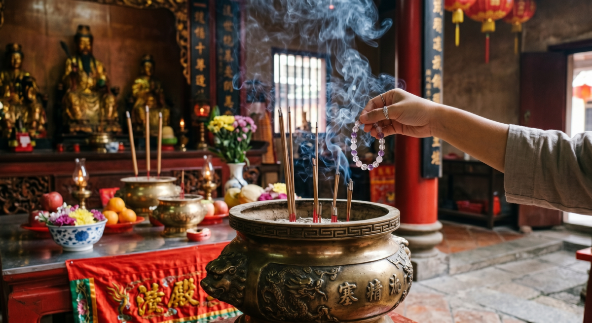 若你平時有逛廟宇的習慣，可以將水晶隨身攜帶，繞行於香爐上方。