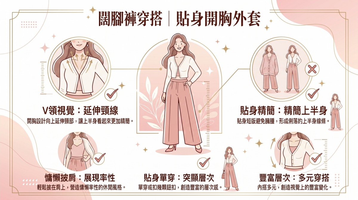 貼身且短版的開胸外套，是豐富層次穿搭的絕佳選擇。
