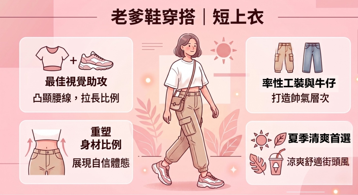 短上衣強調腰線的剪裁是老爹鞋的最佳助攻，視覺上能達到良好的拉提效果。