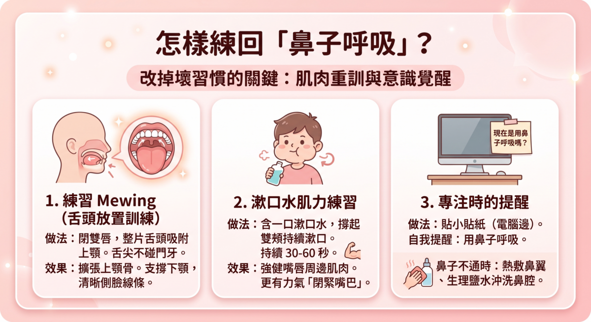 要改掉用鼻子呼吸的壞習慣，核心在於「肌肉重訓」與「意識覺醒」。