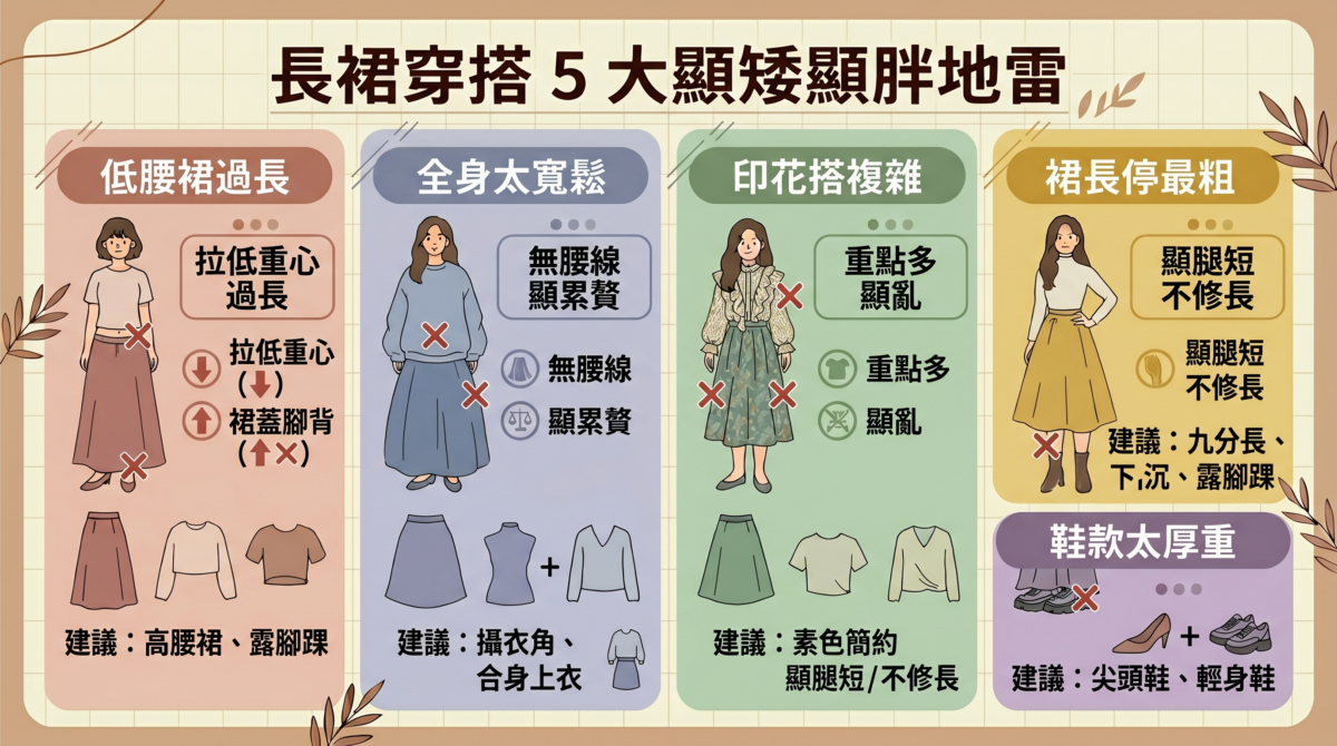 長裙穿搭地雷與正確配搭對比圖：包含高低腰對比、服裝鬆緊度分配、花色平衡、裙長位置建議及鞋款選擇教學。