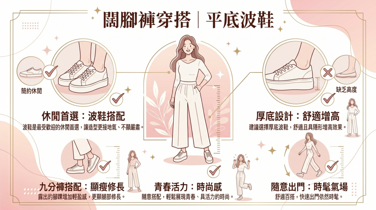 波鞋是闊腳褲造型中最受歡迎的休閒首選，能讓整體造型更接地氣、不顯嚴肅。