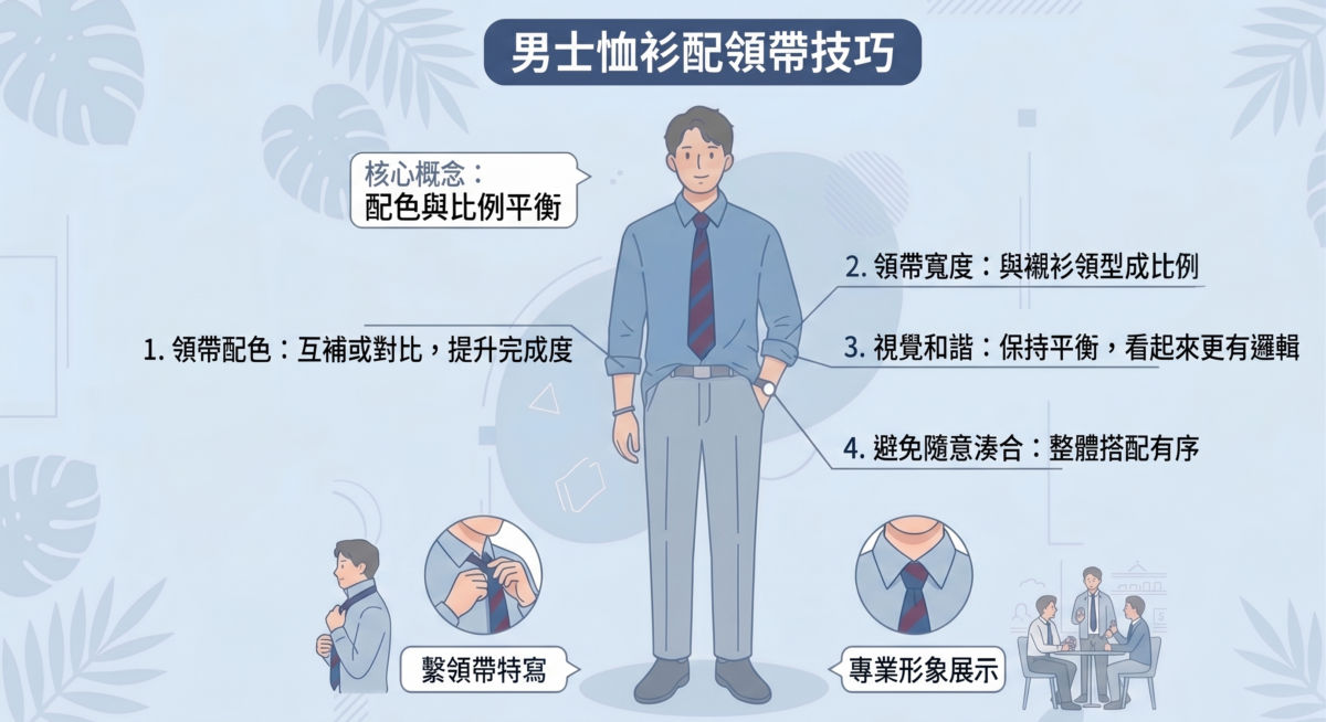 選擇與襯衫顏色互補或對比的領帶，是瞬間提升造型完成度最快的方法。