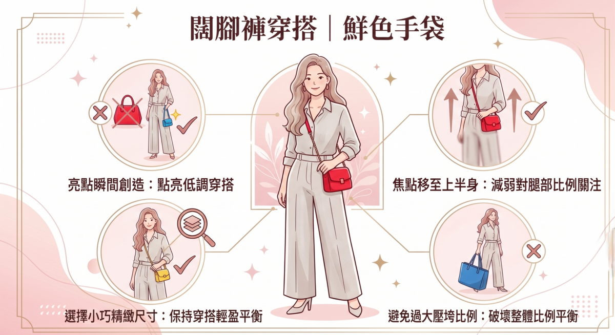 當整套闊腳褲穿搭的顏色偏向低調時，一款鮮色的手袋就能瞬間成為視覺亮點。