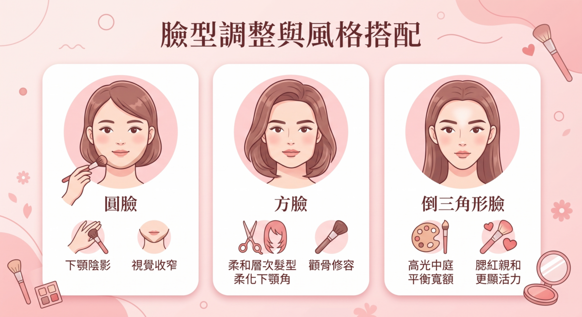 一張美妝教學圖卡，標題為「臉型調整與風格搭配」，針對圓臉、方臉與倒三角形臉三種臉型，分別提供髮型與修容的調整建議。