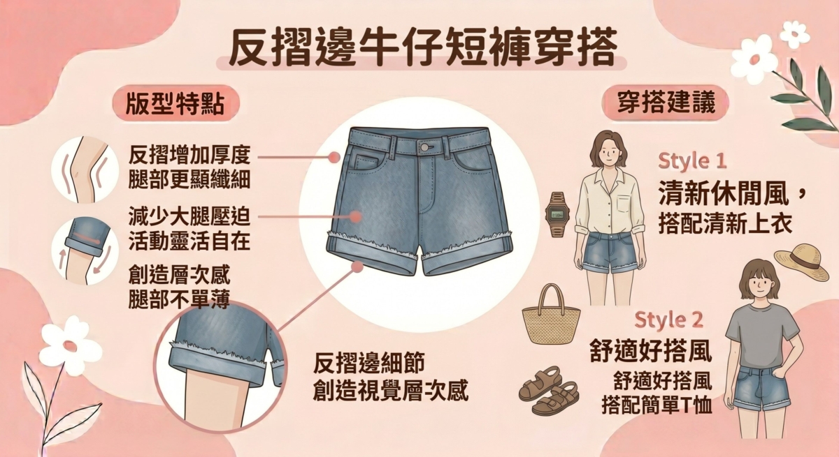 褲腳的反摺設計，能為平淡的短褲增加視覺厚度，讓腿部看起來更顯纖細。