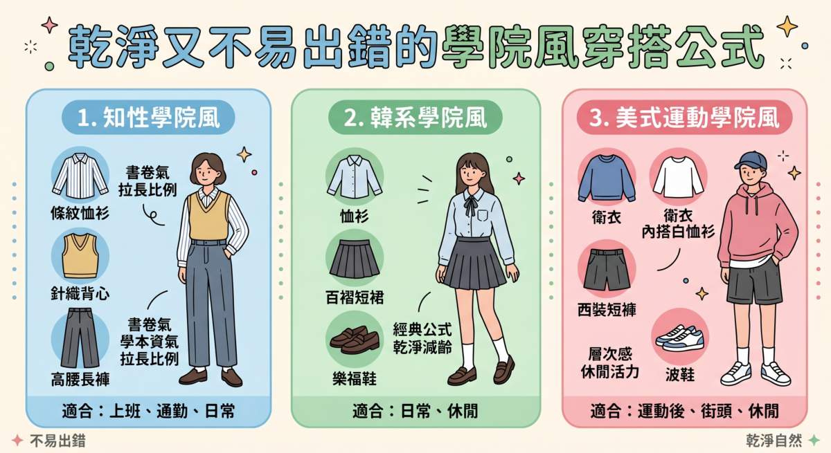 學院風穿搭公式圖解：展示知性風（條紋恤衫與背心）、韓系風（恤衫與百褶裙）、美式運動風（衛衣與短褲）三種經典日常配搭組合，適合穿搭新手參考。