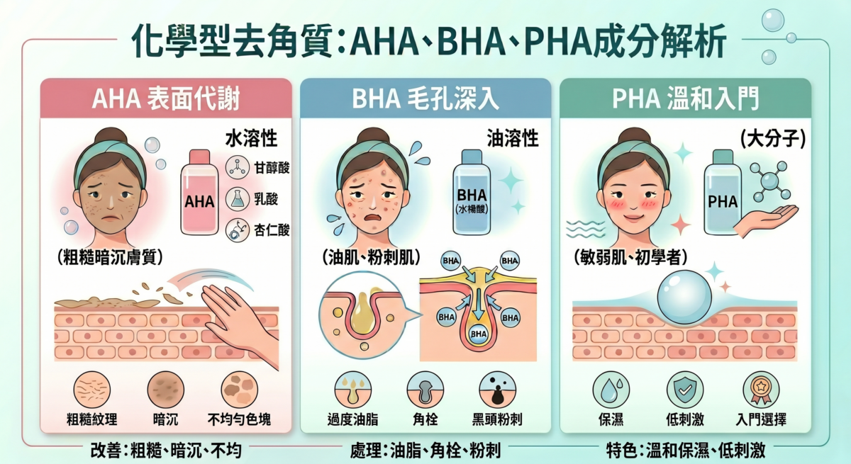 AHA、BHA、PHA 三種酸類去角質成分對照圖：詳細說明水溶性與油溶性差異、改善暗沉或毛孔粉刺之功效，以及乾肌、油肌、敏弱肌的挑選建議。