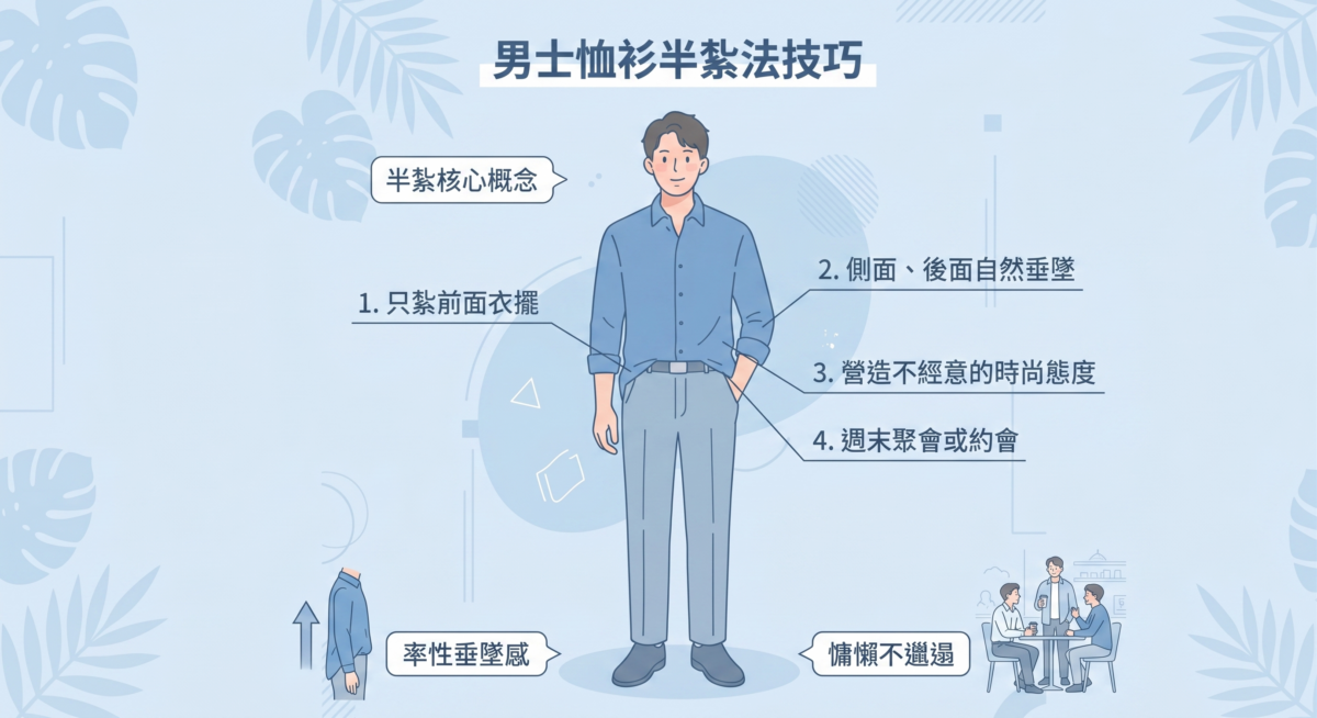如果你想在休閒場合看起來更率性，只把前面衣擺紮進褲頭的半紮法是很好的選擇。