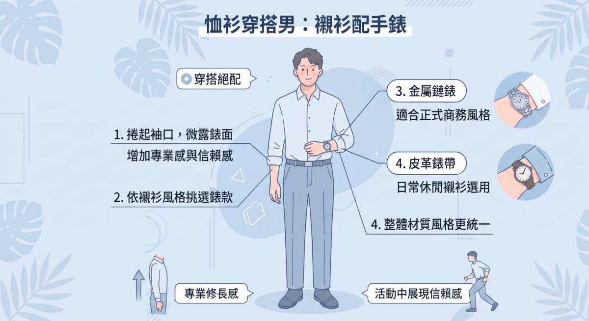 襯衫與手錶絕對是男士穿搭的絕配，當你捲起袖口時，微微露出的錶面能顯著增加專業感與對方的信賴感。