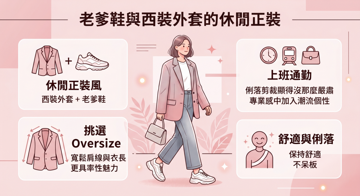 上班通勤時，這種組合能讓俐落的剪裁顯得沒那麼嚴肅，在專業感中加入一抹潮流個性。