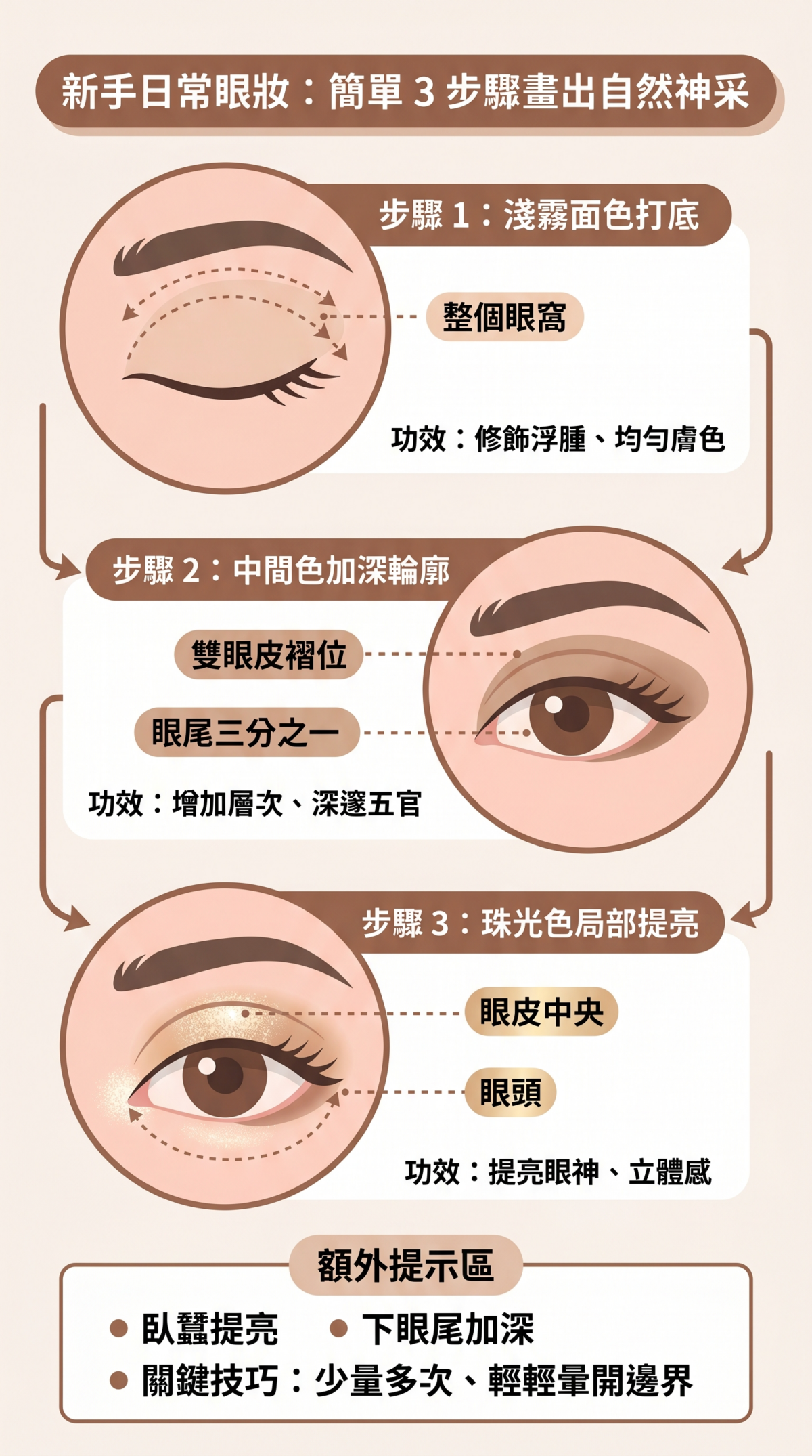 眼影新手教學資訊圖表，展示三個簡單步驟，並包含眼部示範圖和顏色應用區域標示，幫助打造自然精神的日常眼妝。