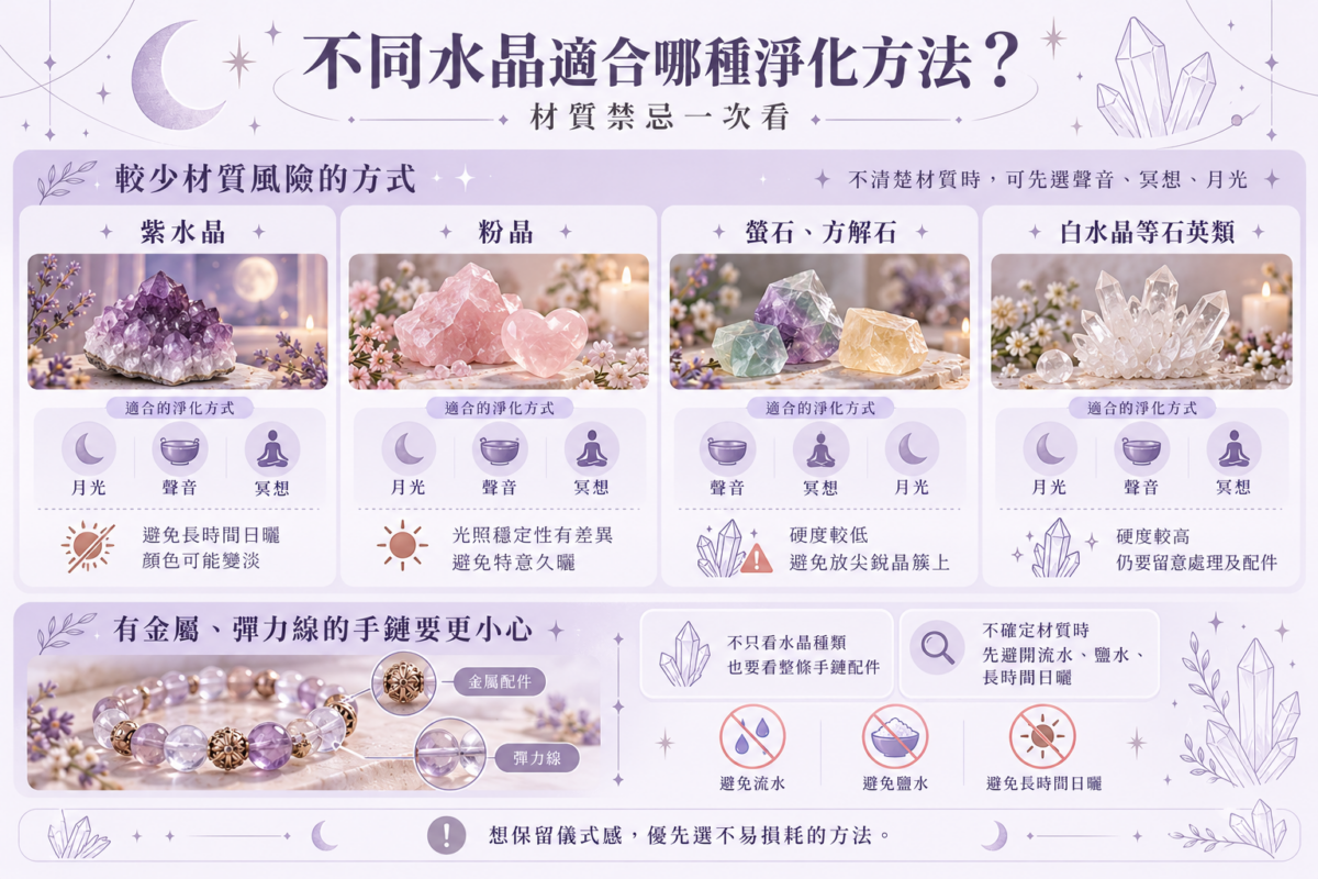 水晶淨化材質禁忌整理圖，比較紫水晶、粉晶、螢石、方解石及白水晶適合的淨化方式，並提醒避免長時間日曬、刮花及水晶手鏈配件受損。