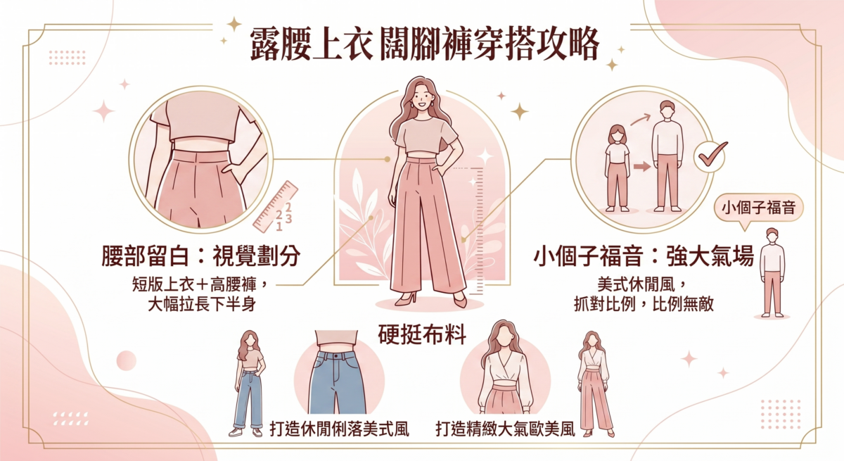 透過短版露腰上衣，在視覺上能更明顯地劃分身體比例。
