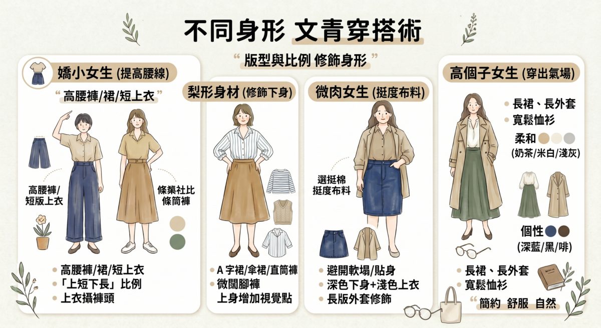不同身形文青穿搭技巧圖解：針對嬌小女生、梨形身材、微肉女生及高個子女生，展示如何透過高腰線、A 字版型、挺度材質與長版單品，穿出修飾身形的日系文青感。