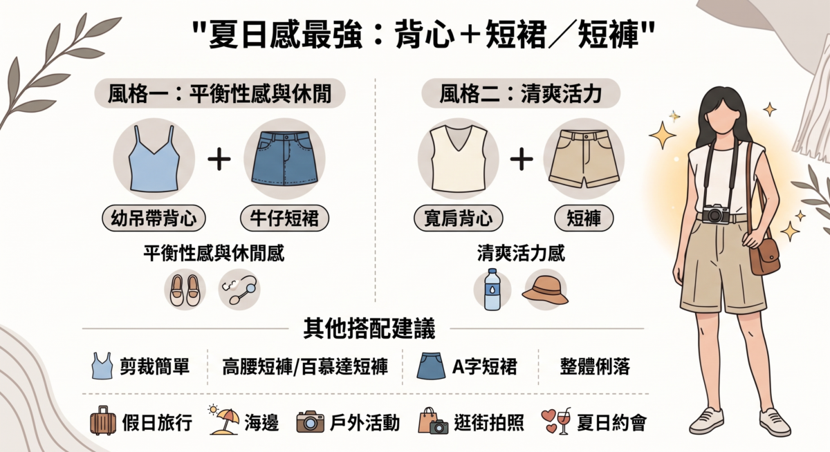 夏日感背心短裙短褲穿搭圖解：對比幼吊帶搭牛仔短裙與寬肩背心搭短褲的風格差異，並強調利用高腰 A 字剪裁達到俐落顯瘦的夏日旅遊造型。