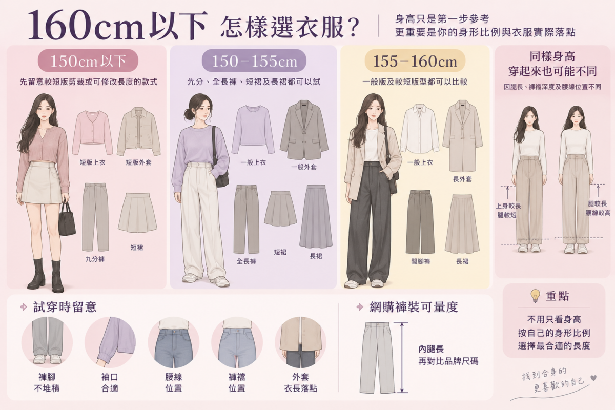 160cm以下小隻女選衣指南資訊圖:150cm以下、150-155cm與155-160cm的身高選衣方向與試穿重點比較。