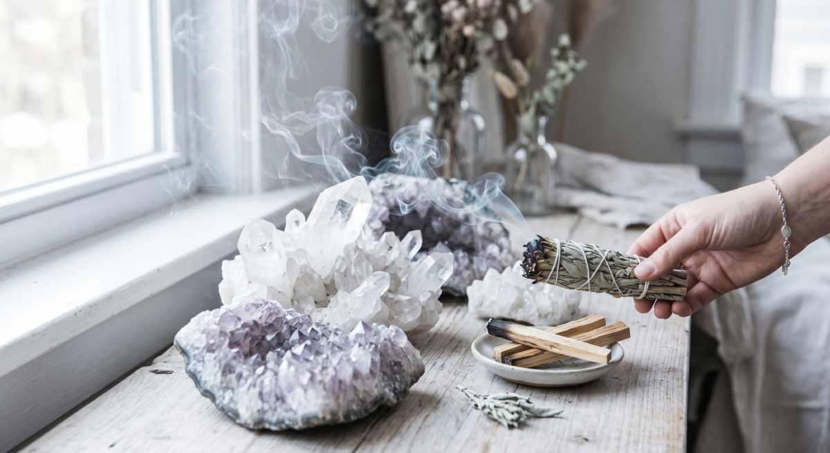 當你手邊有乾燥鼠尾草或天然雪松時，可以將它們點燃後，讓煙霧緩緩繞過水晶表面。