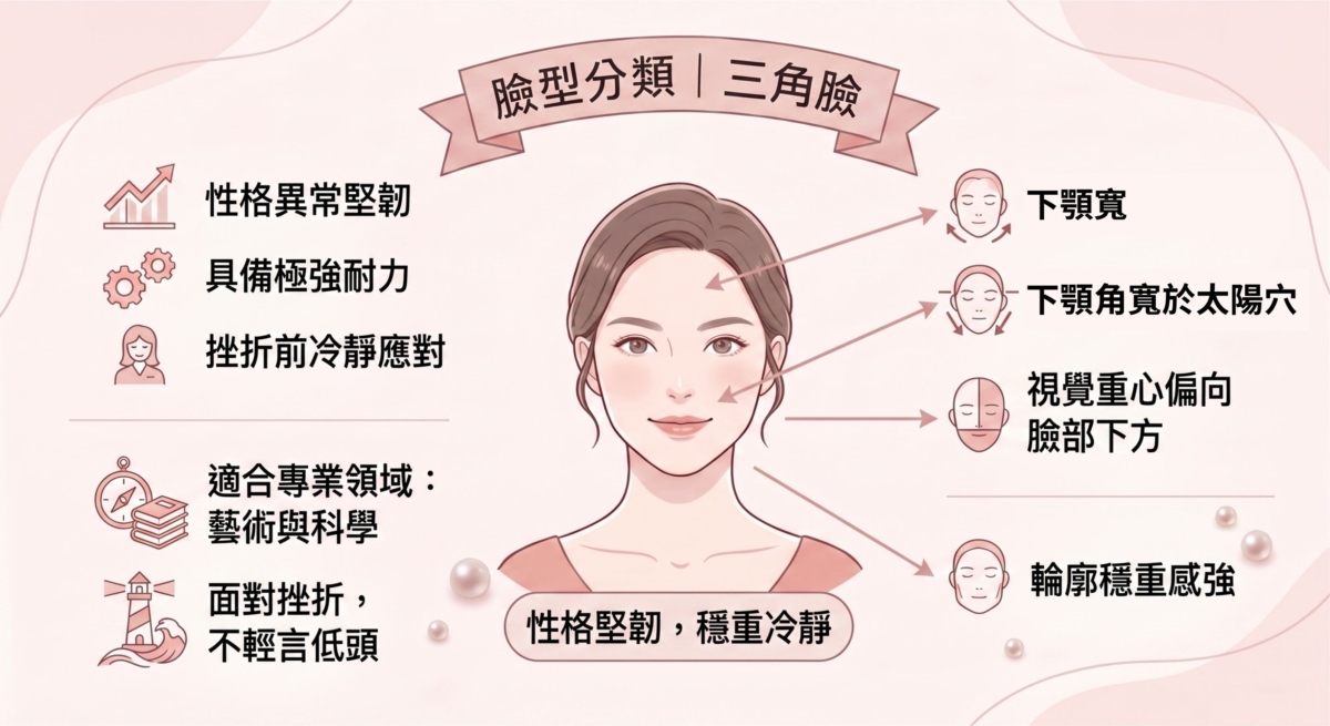 三角形臉的特徵在於下顎明顯比額頭寬，視覺重心偏向臉部下方。