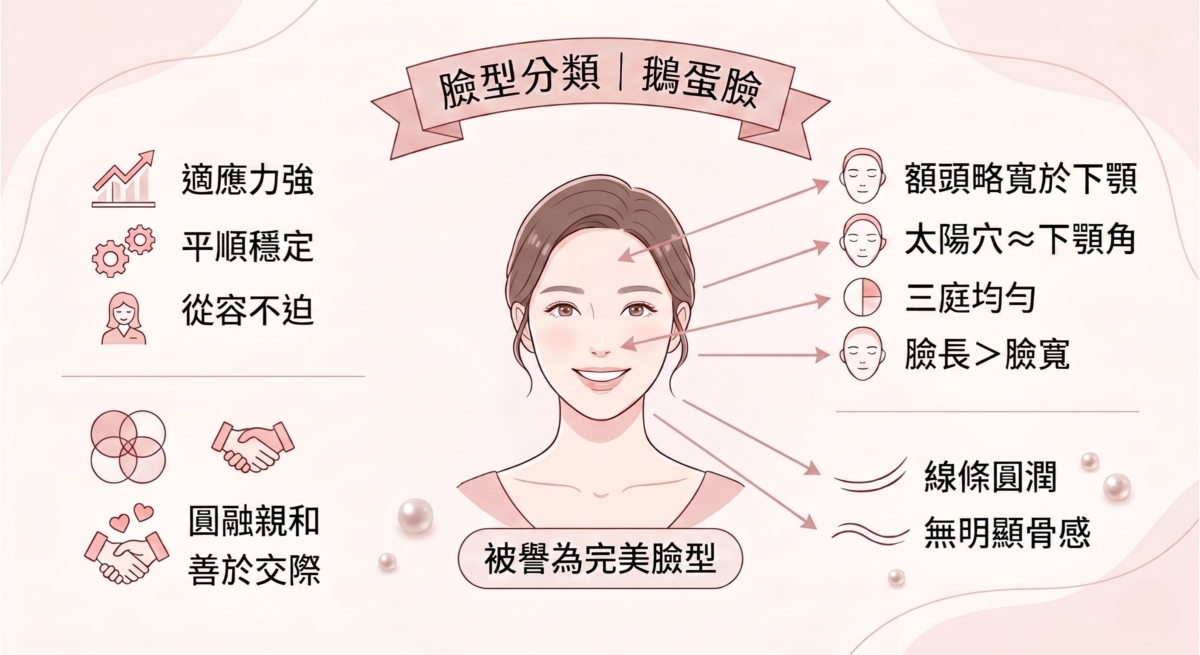 鵝蛋臉被譽為面相學中的完美臉型，這類臉型的人在人生格局上往往顯得平順穩定，不易走極端。