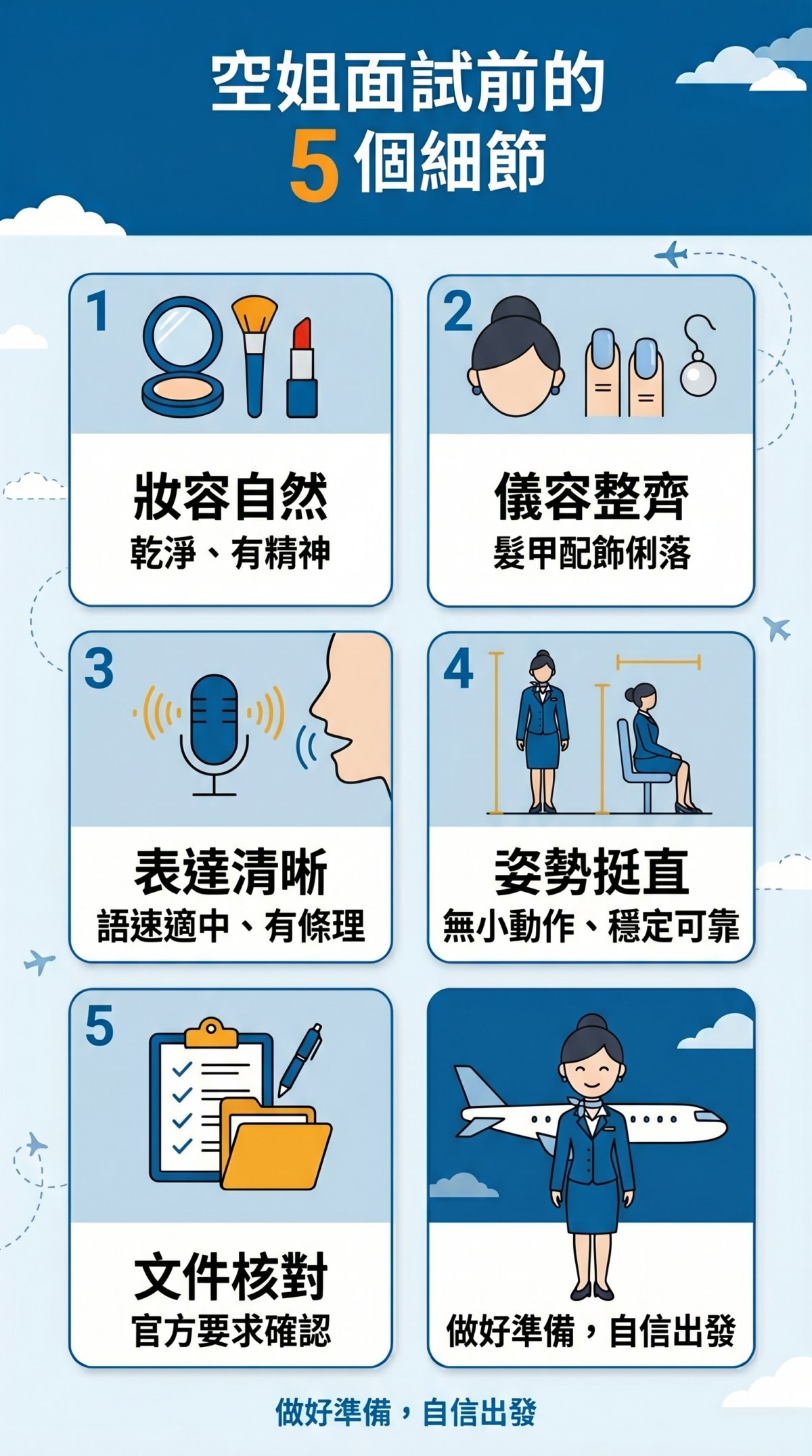空姐面試細節檢查清單：圖解妝容自然、髮型指甲整齊、說話語速、坐姿挺直以及官方文件核對等 5 大容易被忽略的面試成功關鍵。