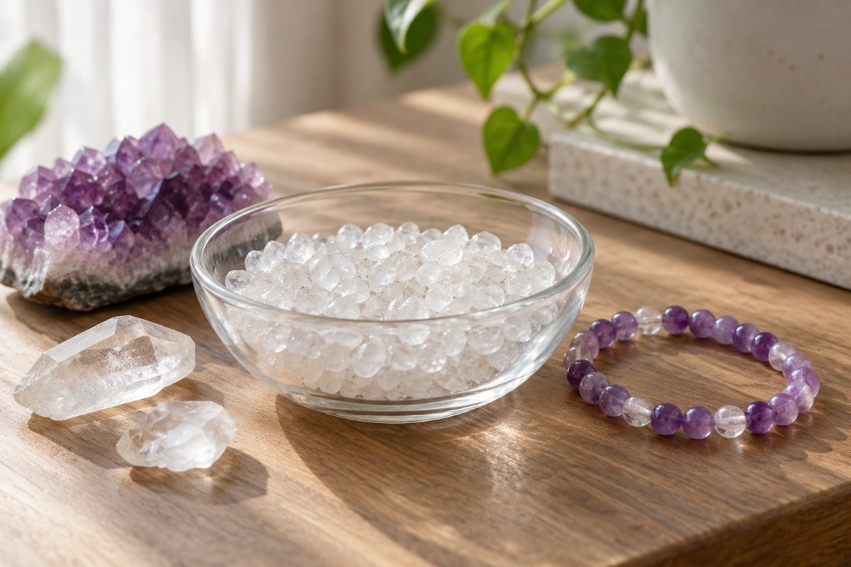水晶消磁石常見有白水晶、紫水晶碎石，可放在小碟或玻璃碗中，將水晶手鏈擺放在旁邊作為傳統淨化儀式，避免直接接觸尖銳碎石造成刮花。