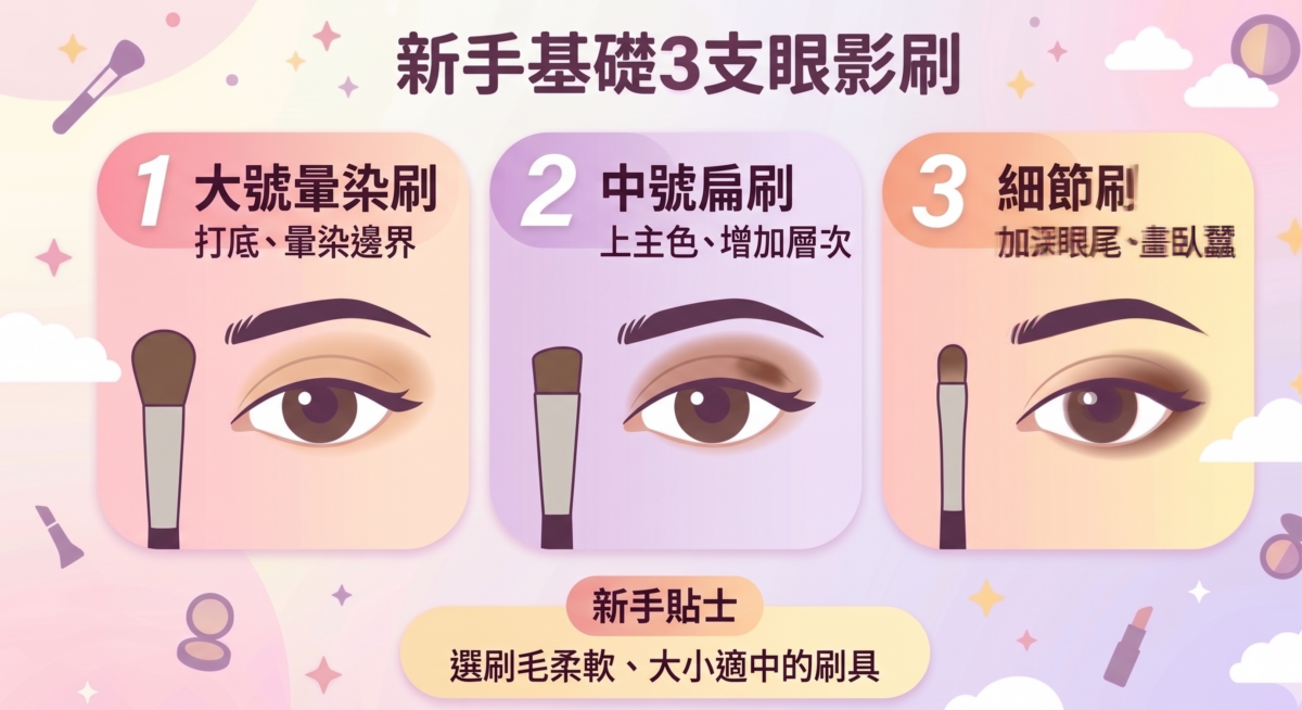新手眼影刷推薦清單：包含大號暈染刷、中號扁刷與細節刷的形狀圖解，標示各類刷具在眼窩、眼摺與臥蠶等位置的用途。