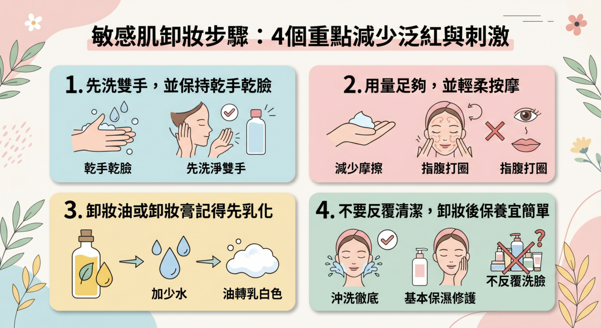 敏感肌卸妝正確步驟圖解：包含洗手乾擦、足量產品輕柔按摩、卸妝油乳化及避免反覆過度清潔的溫和卸妝流程。
