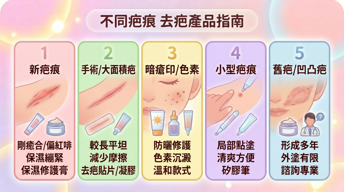 不同疤痕類型的去疤膏挑選指南圖表:針對新疤痕、手術大面積疤痕、暗瘡印、小型疤痕及舊凹凸疤,分別列出矽膠凝膠、去疤貼、去疤筆等產品的推薦方向與護理重點。